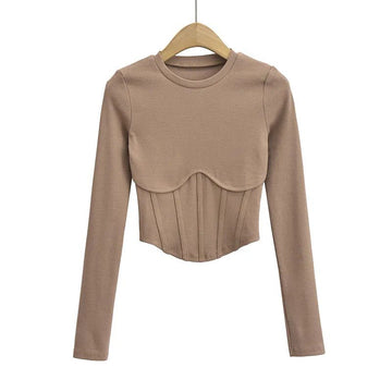 Corset Style Ribbed Long Sleeve Top - SunsetFashionLA